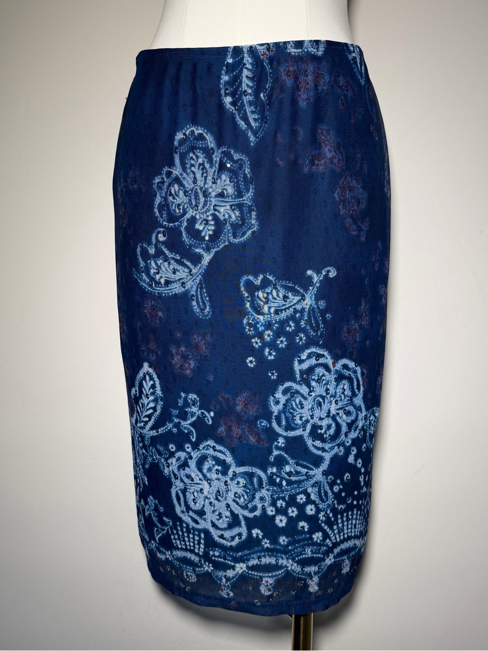 Vintage A. Byer Rhinestone Navy Blue Floral-Print Pencil Skirt